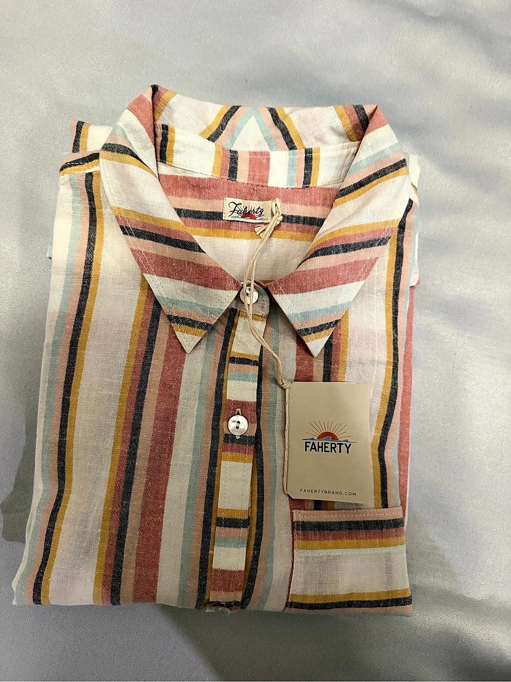 Faherty Laguna Linen Relaxed Shirt Striped Button Down Small